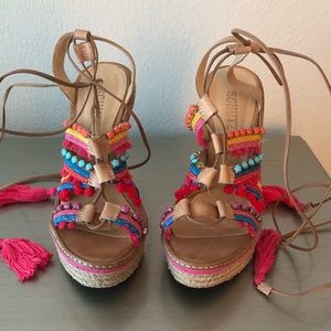 Schutz Multi Color Tassel Wrap Wedge Sandals